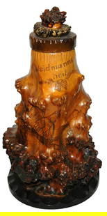 Root Wood 15"  Impressive Stein w Carving: Root Wood 15&#8221; Stein. &#8220;Weidmanns Heil.&#8221; and engraved pheasant. Carved mans head thumblift. Impressive. Very good condition.
