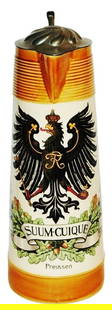 3L Mettlach Prussian Eagle & Oak Leaves Stein: Mettlach #2893/1290A PUG 3L. Prussian eagle and oak leaves. Mint.