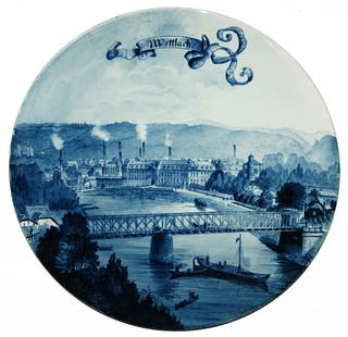 Mettlach City Bridge Over River 17" Plaque: Mettlach #1044/5078 PUG 17” Plaque. Mettlach city with bridge over the river. Mint.