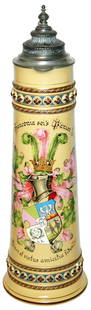 Rare 5L Mettlach Hand Paintd Dueling Student Stein: Mettlach #67 Hand Painted 5L Stein. Dueling fraternal shield "Franconia sei's Panier!" Rare. Mint