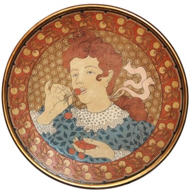 Mettlach Art Nouveau Woman eats Cherries Plaque