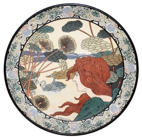 Mettlach Art Nouveau Woman w Swans Plaque