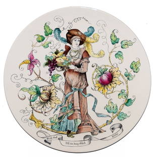 Mettlach Serving Girl w Tray of Food 14" Plaque: Mettlach #1044 PUG 14” Plaque. Serving girl with feathered hat holds tray of fruit. Mint.