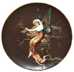 Mettlach Colorful Butterfly Girl Relief Plaque: Mettlach #1616 Colored Relief 16 1/2&#8221; Plaque. Large butterfly girl in tree. Mint.