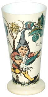 Mettlach Beaker Dwarf w Wine Bottle & Goblet: Mettlach #2842/1172 PUG 1/4L Beaker. Dwarf with wine bottle and goblet.