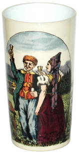 Mettlach Couple Toasting w Goblets Beaker: Mettlach #2327/1137 PUG 1/4L Beaker. Couple in ethnic clothing holding goblets. Mint.