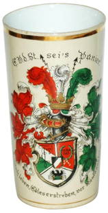 Mettlach Dueling Student Shield Beaker: Mettlach #2327 POG 1/4L Beaker. &#8220;C.V.D. St. sei&#8217;s Panier!&#8221; Dueling student shield. Mint.