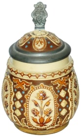 Mettlach 3/10L Floral Mosaic Stein w Inlay Lid