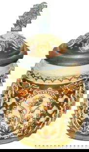 Mettlach 3/10L Floral Mosaic Stein w Inlay Lid: Mettlach #1816 Mosaic 3/10L. Floral design. Inlay lid. Mint.