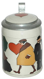 Mettlach Hohlwein Night Folks Stein w Inlay Lid: Mettlach #3260 Etched 1/2L. Hohlwein. Night folks. Inlay lid. Mint.