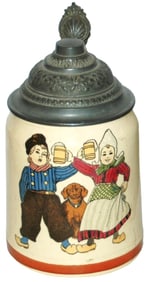 Mettlach Dutch Children w Steins and a Dog