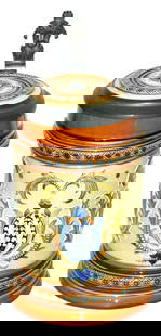 Mettlach Mosaic Floral Design Stein w Inlay Lid: Mettlach #1787 Mosaic 1/2L. Floral design. Inlay lid. Mint.