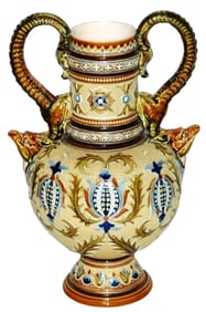 11" Mettlach Mosaic Floral Vase w Dragon Handles