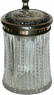 American Brilliant Cut Stein w Sterling Silver Lid: Blown Glass 1 1/4L. American Brilliant Period. Faceted body. Sterling silver relief lid and top rim.