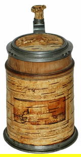 Pressed Cork & Wood Stein w Stag Inlay & Thumblift: Pressed Cork & Wood 1/2L. Castle scene. Inlay lid of stags. Stag horn thumblift. Normal wear.