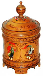 1L Pyro & Enamel Scenes Stein w Dragon Thumblift: Carved Wood 1L. Pyro and enamel decoration of men. Dragon thumblift. Four feet and ball finial. Good condition.