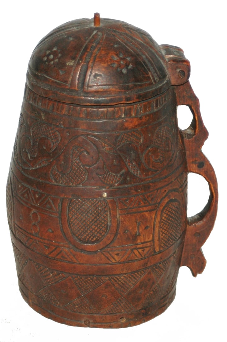 4/10L Scandinavian 17th Century Carved Wood Stein (1 of 3)