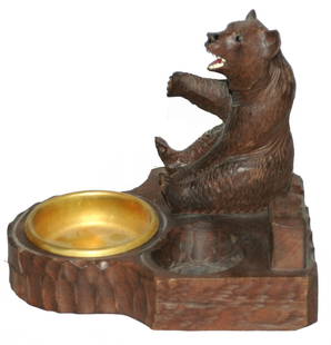 Black Forest Carved Bear & Match Holder Ash Tray: Black Forest Carved Wood 6” by 5” Ash Tray. Bear sits by tray and match square. Normal wear.