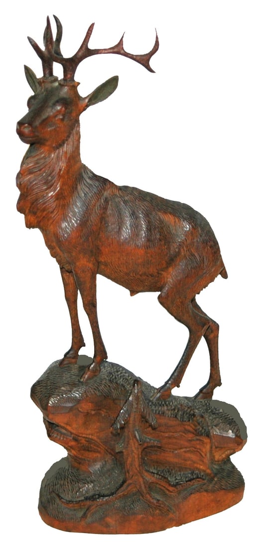 16" Black Forest Carved Wood Stag Figure on Rock: Black Forest Carved Wood 16” Figure. Stag with removeable horns.