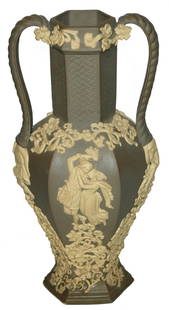 Mettlach Earlyware 12" Vase Relief Couples: Mettlach Earlyware Relief 12” Vase. Couples and two handles.