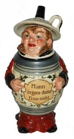 Man in Barrel w Funnel Hat Character Stein