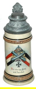 Military Artillery Flags & Cannons Stein Fancy Lid: Pottery POG 1/2L. Military commemorative artillery with flags and crossed cannons. Fancy relief pewter lid. Mint.