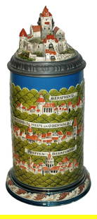 4L Mettlach Rothenstein Scenes 3D Castle Inlay: Mettlach #2038 Relief 4L. Scenes from Rothenstein. Figural castle inlay lid.