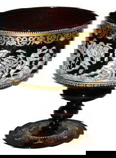 Venetian c.1900 Glass Goblet w Fighters & Animals: Blown Ruby Glass 8 3/4" Goblet. White enamel with black outlines of Roman fighters, lions, snakes, horses and centaurs. Venetian circa 1900. Mint.