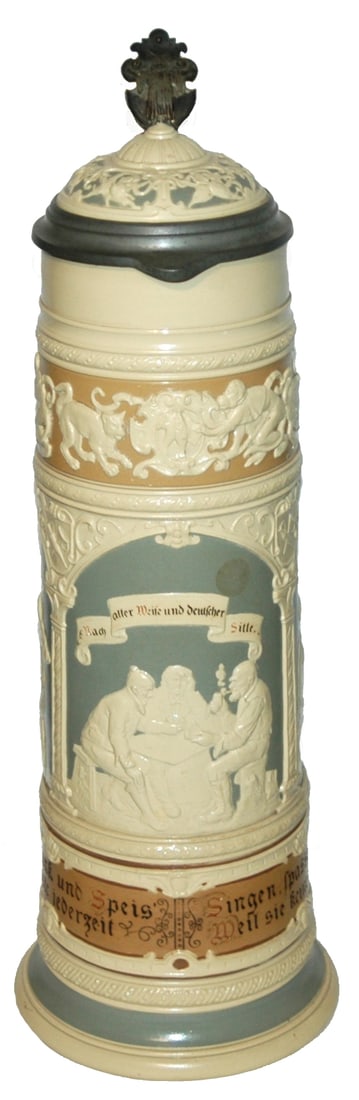 4L Mettlach Relief w 3 Panels of Table Scenes (1 of 5)