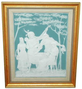 Mettlach Cameo Framed Plaque Group w Musician: Mettlach #7042 Cameo 15 1/2” by 12” Framed Plaque. Group at table listen to mandolin player. Mint.