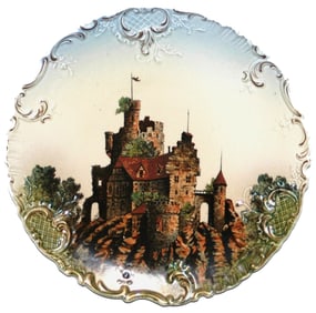 PAIR Mettlach Castle Scenes Plaques w Scallop Rims