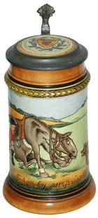 Comical Scene of Rider & Horse Hanke Stein: Hanke #1581 Etched 1/2L. Comical scene of rider pushing horse that has sat down. Inlay lid. Mint.