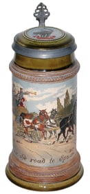 Horse Drawn Coach w Travellers Etched Stein
