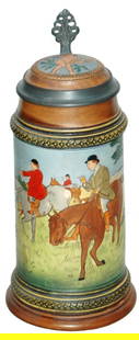 Fox Hunting Riders & Dogs Etched Stein: Pottery Hanke #1534 Etched 1/2L. Riders following dogs in fox hunting scene. Inlay lid. Mint.