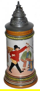 HR Man w Audience Duels with Cat Etched Stein: Pottery HR #445 Etched 1/2L. Man duels with cat as others watch. Mint.