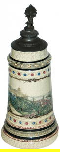 Diesinger Heidelberg Castle Threaded Relief Stein: Pottery Diesinger #1331 Threaded Relief 1/2L. Heidelberg castle with verses in rear. Mint.