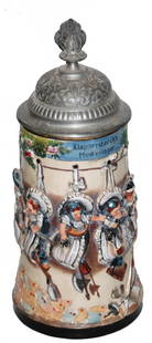Babies Dressed by Occupations Relief Stein: Pottery Hanke #1276 Relief 1/2L. Babies dressed in different occupations hanging from a line. Mint.
