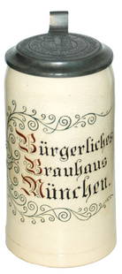 1L Burgerliches Brauhaus Munich Brewery Stein: Brewery Stein 1L Pottery Merkelbach & Wick. Burgerliches Brauhaus Munchen. Matching logo on pewter lid. Mint.