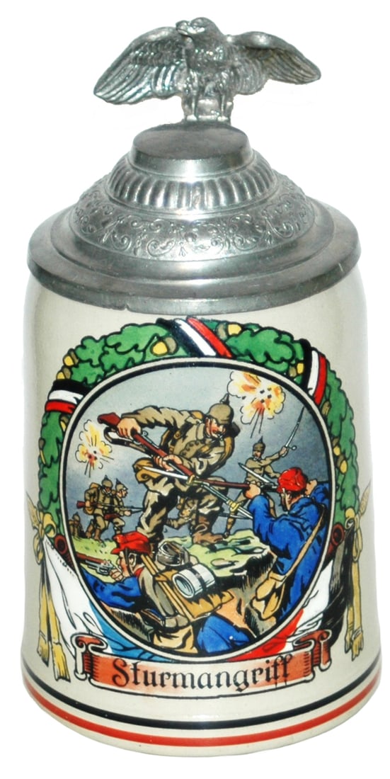 Battle Scene Sturmangrift Stoneware Stein: Stoneware POG 1/2L. “Sturmangrift” Storm attack. Battle scene. Mint.