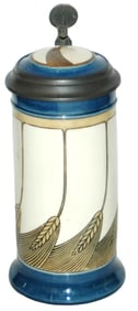 Mettlach Art Nouveau Wheat Etched Stein w Inlay