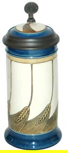 Mettlach Art Nouveau Wheat Etched Stein w Inlay: Mettlach #2891 Etched 1/2L. Art Nouveau wheat design. Inlay lid. Mint.