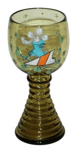 Enamel Knights Armor & Floral Green Glass Goblet: Blown Green Glass 7&#8221; Goblet. Enameled knights armor and floral. Mint.