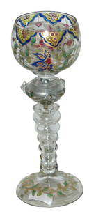 Fritz Heckert Transparent Floral Enamel Goblet: Blown Glass 7 1/2: Goblet. Fritz Heckert. Transparent enamel floral. Mint.
