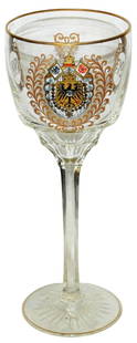 Enamel Inperial Eagle Shield Facet Stem Goblet: Blown Glass 12” Goblet. Enameled Imperial Eagle shield. Faceted stem. Mint.