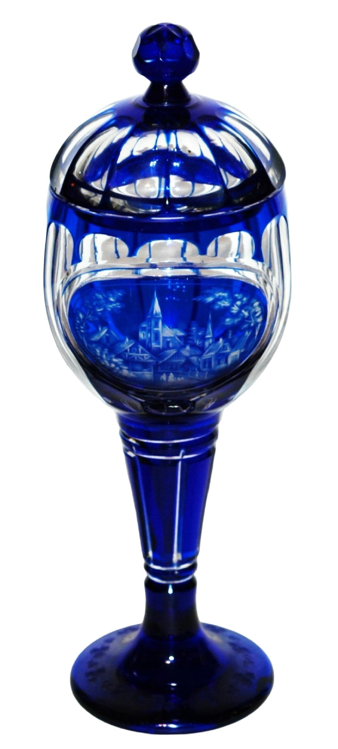 11-1/2" Wheel Cut Cobalt Overlay Pokal c.1860 (1 of 2)