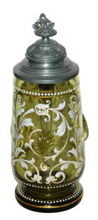 White & Gilded Floral Green Glass Stein: Blown Green Glass 1/2L. White and gilded floral enamel. Mint.