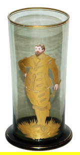Gilded Enamel Well Dressed Man Green Glass Beaker: Blown Green Glass 6 1/4&#8221; Beaker. Gilded enamel of well dressed man. Mint.