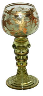 Gilded Enamel Floral Green Glass Goblet: Blown Green Glass 6 1/4&#8221; Goblet. Gilded enamel floral design. Mint.