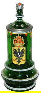 Egermann Enamel Eagle Stein w Matched Inlay Lid: Blown Green Glass 1/2L. Egermann. Enameled eagle. Matching inlay lid. Mint.