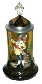 Blown Amber Glass 1/2L Stein. Enameled Landsknecht